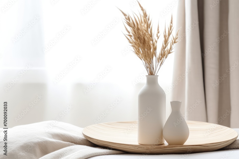 Minimalist Scandinavian interior with white ceramic vase dry Lagurus ovatus grass marble tray vintage wooden bench table beige linen blanket and empty white wal