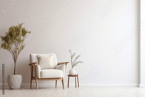 Minimalist living room with white vintage armchair carpet and elegant home decor including a dry plant in a vase against a copy space wall photo