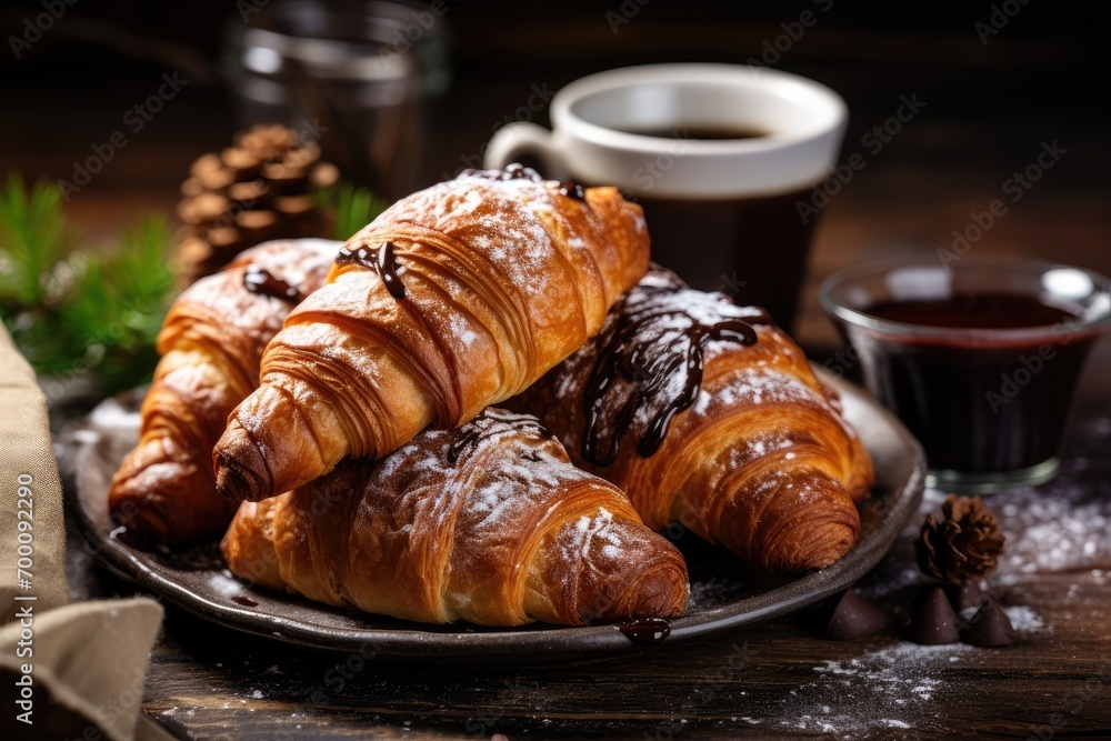 Newly made chocolate cream croissants on a white rustic table Newly made chocolate cream croissants on a white rustic table