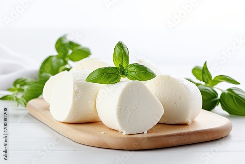 Mozzarella cheese collection with basil leaves top view