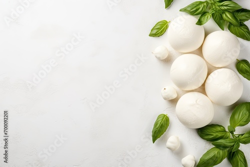 Mozzarella cheese collection with basil on light background top view
