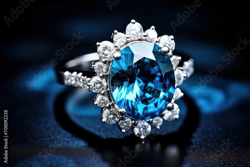 Natural gemstone accessories collection includes a London blue topaz and diamond ring on a shiny black table