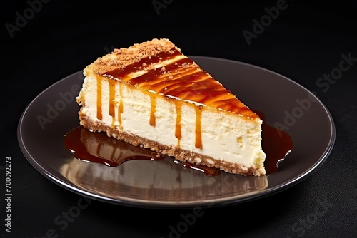 New York style cheesecake slice on a black background served on a white plate