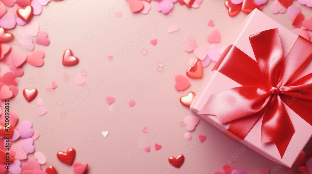 Pink hearts of different sizes fly out from under the gift box with a red ribbon bow. Valentines day concept. Top view stop motion animation with space for tex Pink hearts of different sizes fly out from under the gift box with a red ribbon bow. Valentines day concept. Top view stop motion animation with space for tex