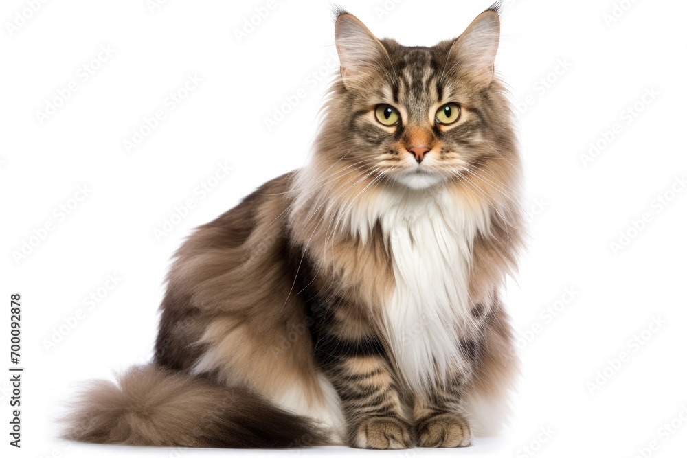 Norwegian Forest cat sitting facing camera isolated on white background