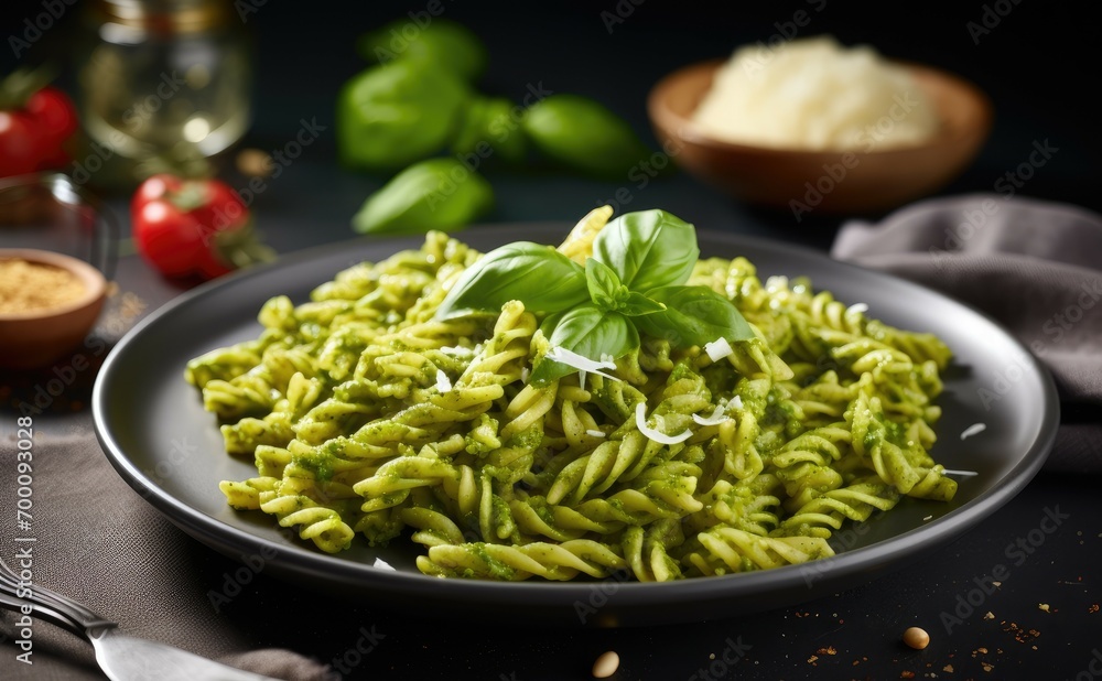 Pasta with pesto on plate Pasta with pesto on plate