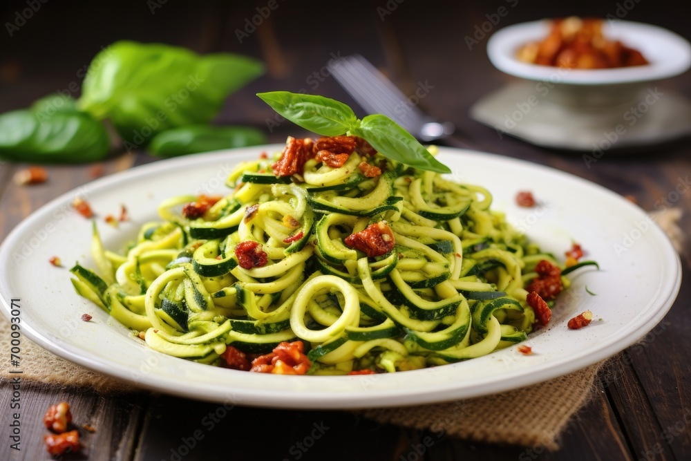 Pasta made from zucchini with pesto sauce and sun dried tomato