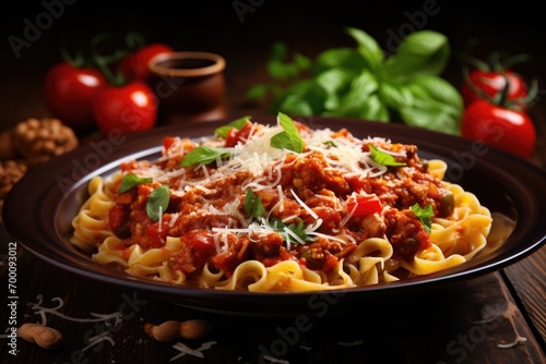 Pasta with a meaty tomato sauce and veggies