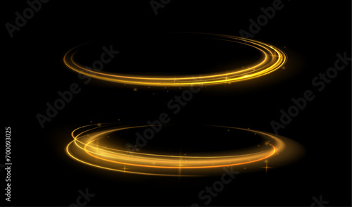 Yellow magic spirals with sparkles. Yellow light effect. Glitter particles with lines. Swirl effect.