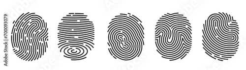 Black detailed fingerprints flat illustration set. Police electronic scanner of thumb print for crime data isolated on white background vector collection. Finger identity and technology concept
 photo