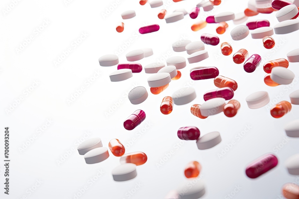 Pills falling alone white background focus Pills falling alone white background focus
