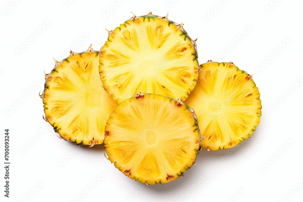 Pineapple viewed from above solo on white backdrop with clipping path Pineapple viewed from above solo on white backdrop with clipping path