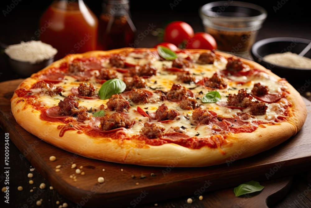 Pizza made at home with mozzarella cheese and sausage