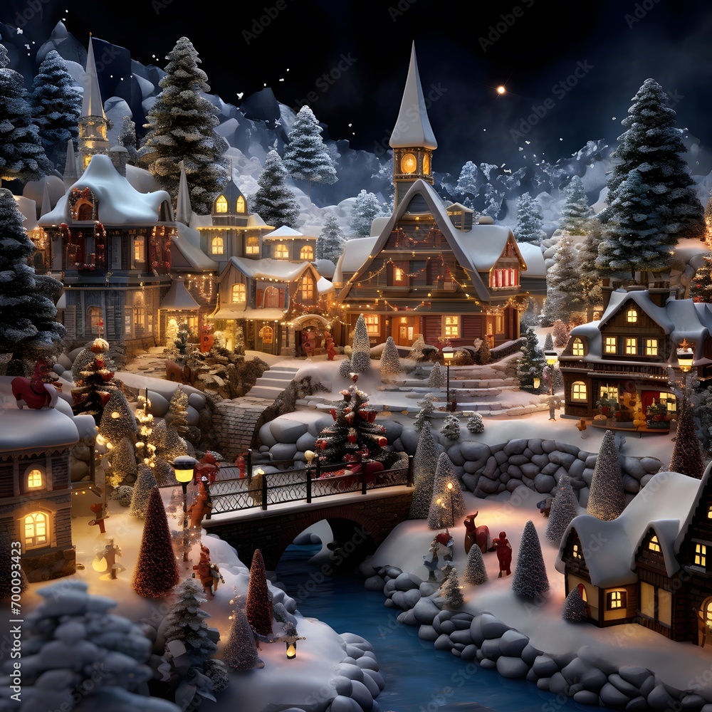 Merry Christmas and Happy New Year greeting card. Winter village at night.