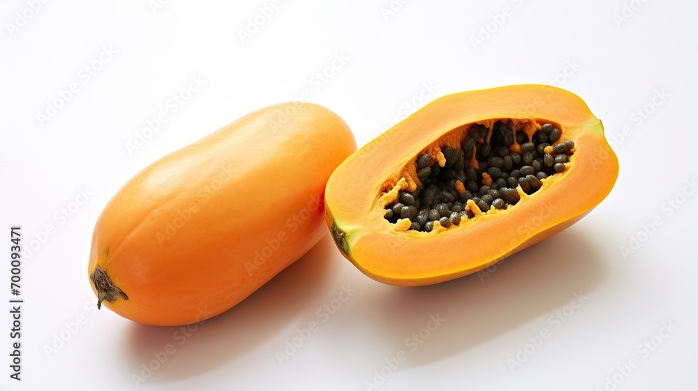 Ripe papaya cut in half on white background, half papaya on white background Ripe papaya cut in half on white background, half papaya on white background