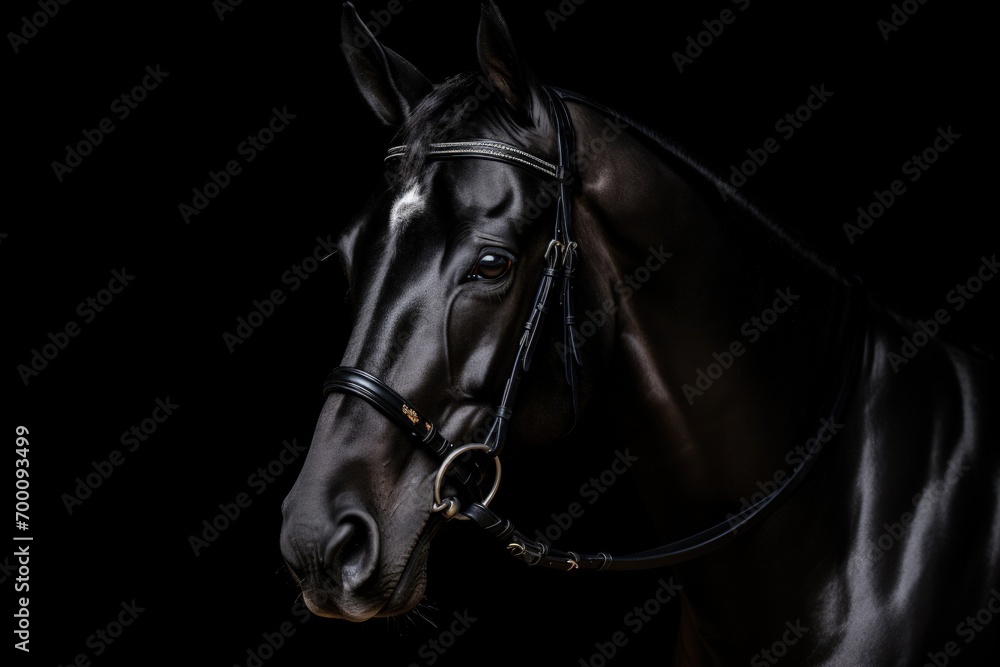 Portrait of Trakehner dressage horse on black backdrop Portrait of Trakehner dressage horse on black backdrop