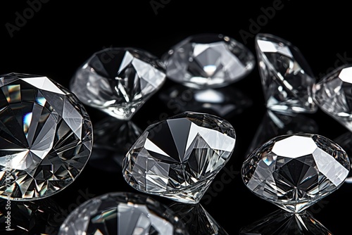Polished bright transparent topazes on black background resembling diamonds photo