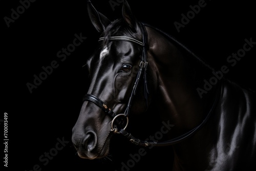 Portrait of Trakehner dressage horse on black backdrop