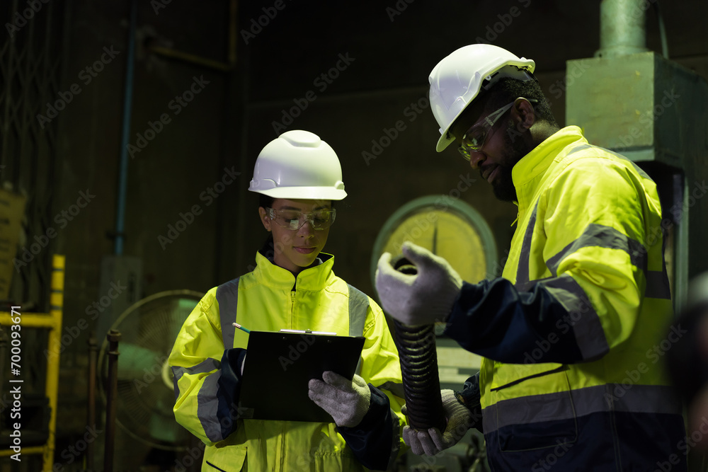 African American male and female engineer factory worker working in the industry factory area. Worker and manufacturing industry factory concept African American male and female engineer factory worker working in the industry factory area. Worker and manufacturing industry factory concept