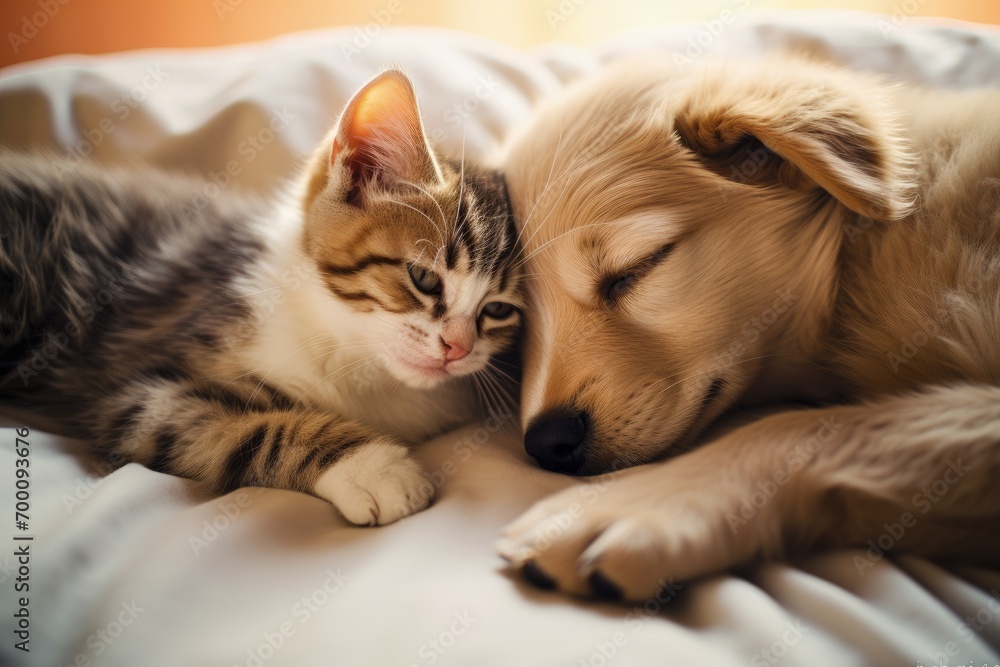 Puppy and kitten on bed best friends hugging