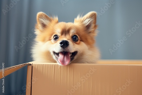 Purebred dog exploring a gift filled box enthusiastic shopping during big sales Exudes joy and excitement emphasizing care animal life health breed awar photo