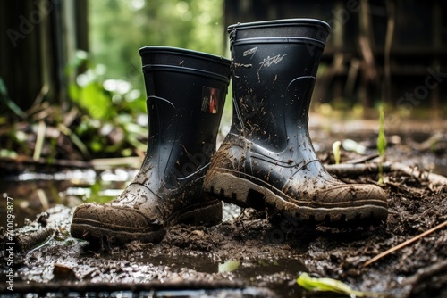 Rubber boots are dirty from backyard use