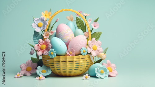 Easter basket with painted eggs and spring flowers isolated on blue background. Festive spring banner with copy space in 3d style.