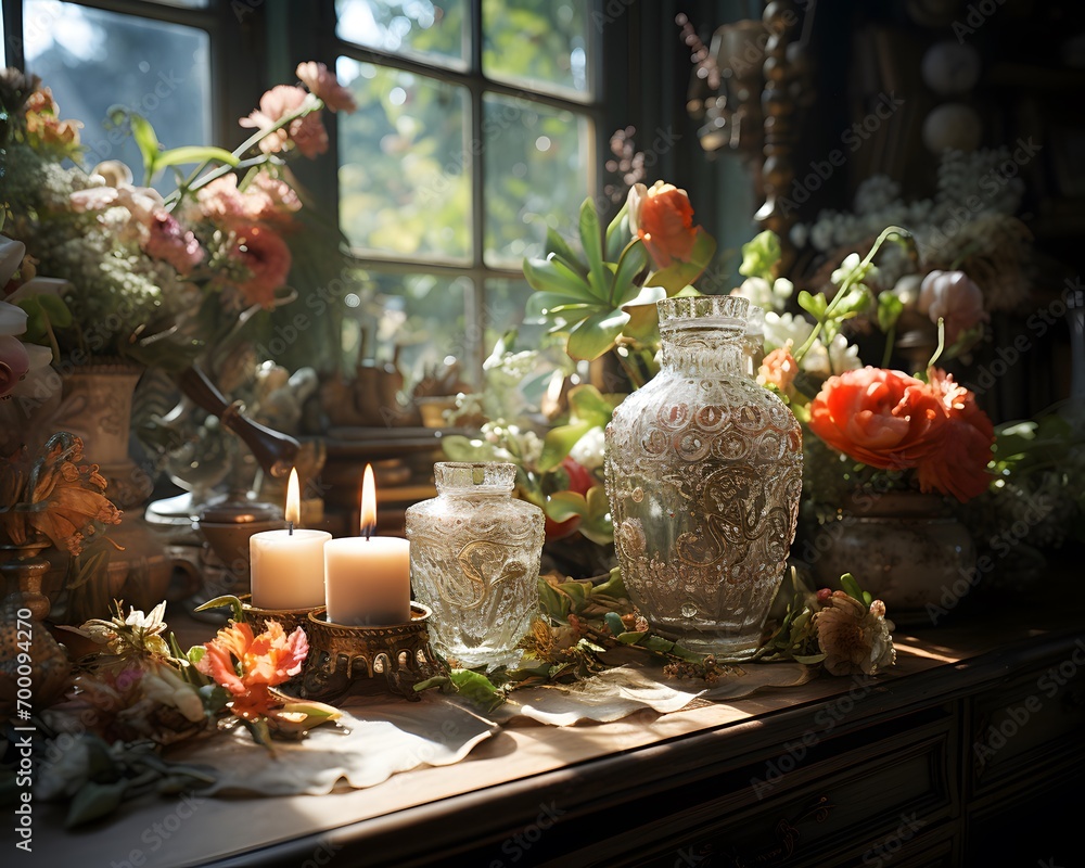 Still life of flowers and candles in a vase on the windowsill