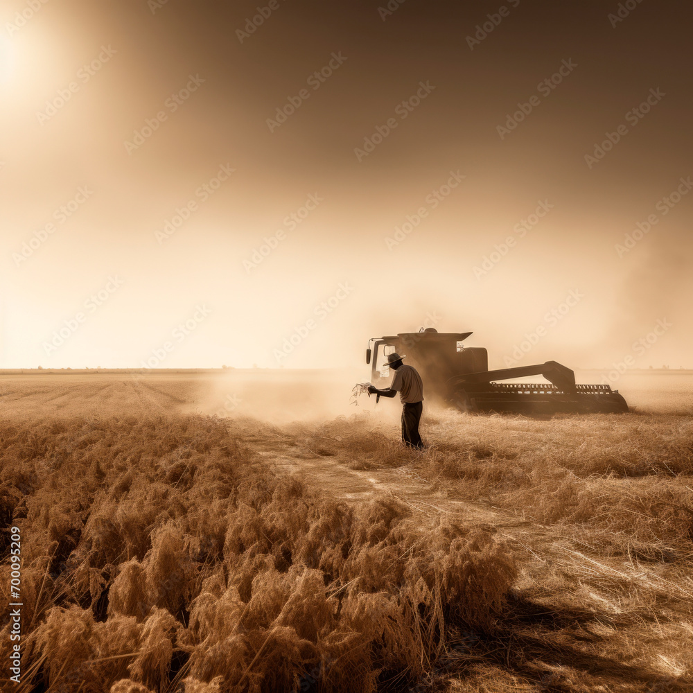 Fototapeta premium A farmer in a hat walks to a combine harvester working in a golden wheat field with high furrows. Agriculture. Growing wholesome organic produce. Harvest of wheat and barley. Rural landscape