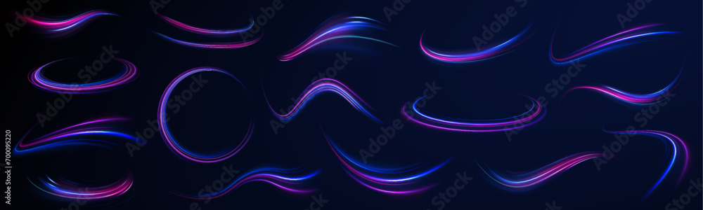Obraz premium Light motion effect, slow shutter of traffic. High tech concept with luminous arrows moving to side. Speed connection vector background. Neon color glowing lines. 