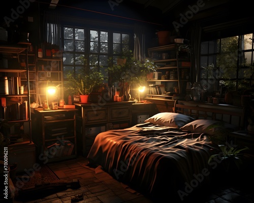 3d illustration of a cozy bedroom in the night. High quality photo