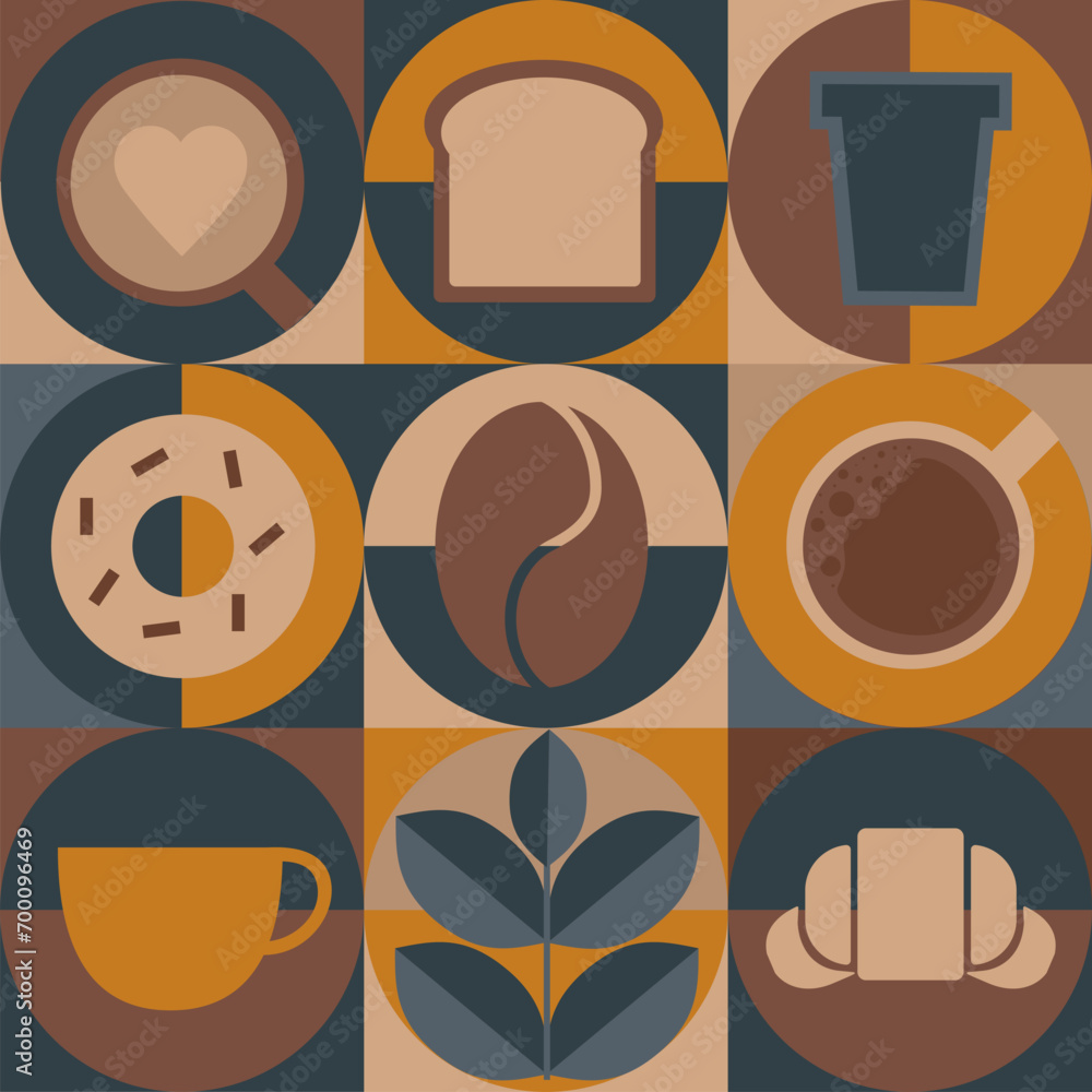 Pattern with coffee theme in geometric minimalistic style. Print with abstract shapes. Illustration for cover design, food package, menu, background Pattern with coffee theme in geometric minimalistic style. Print with abstract shapes. Illustration for cover design, food package, menu, background