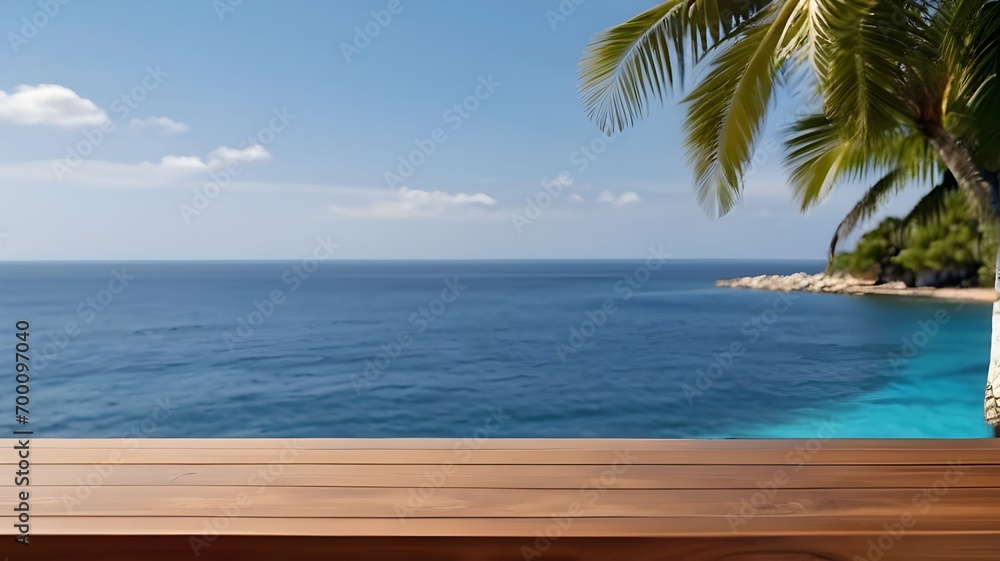 Wooden table on the background of the sea, island and the blue sky. High quality photo	, generative ai
