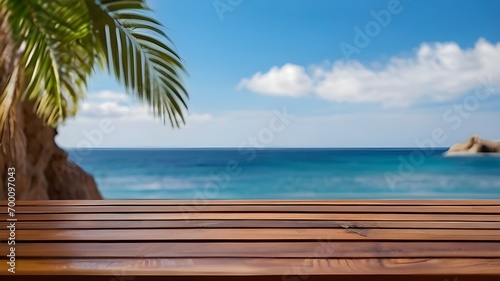 Wooden table on the background of the sea, island and the blue sky. High quality photo , generative ai 