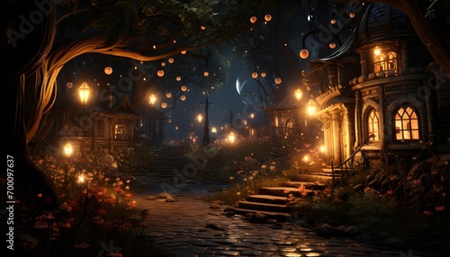 Fantasy night landscape with a tree, lanterns and a house