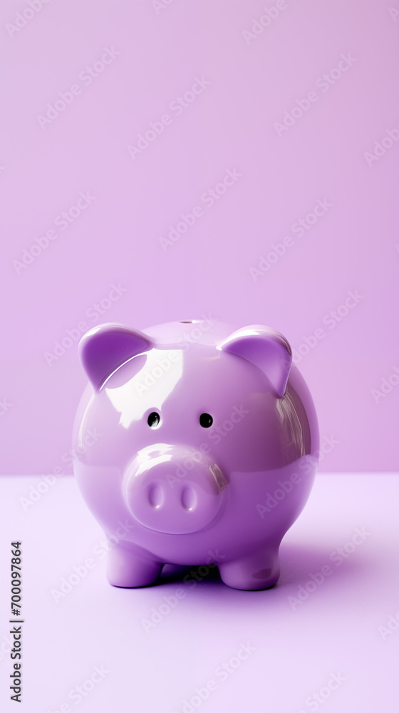 purple ceramic piggybank on a plain background with copy space for text