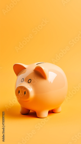 orange ceramic piggybank on a plain background with copy space for text