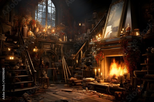 3D rendering of a haunted house with a fireplace in the background