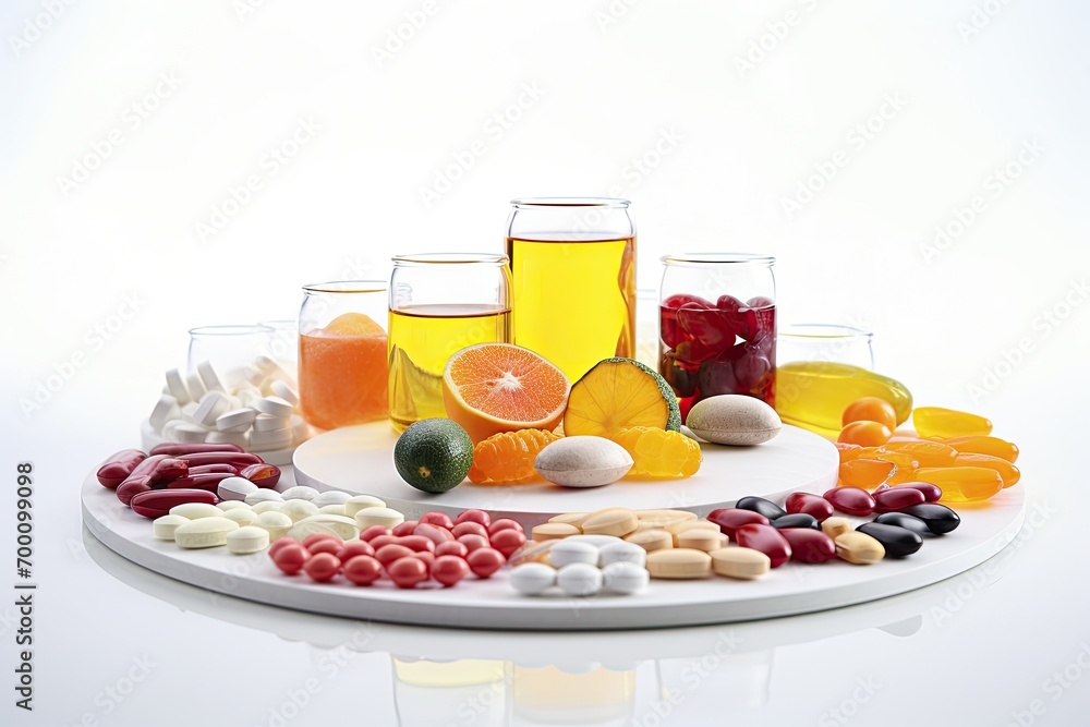 Vitamins in different colored bottles, white background Vitamins in different colored bottles, white background