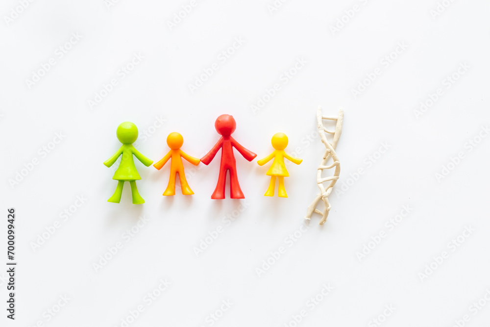 DNA molecule with rubber figurines of people. Heredity of family members DNA molecule with rubber figurines of people. Heredity of family members