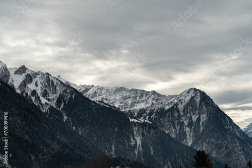 Snow covered alps at the rhine river seen from Triesenberg in Liechtenstein
