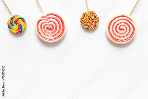 Food pattern. Many colorful lollipops. Sweet food and candies background