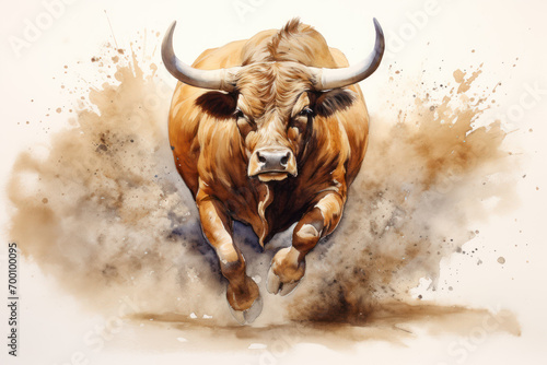 highland cow with horns running. Bullfighting in arena watercolor illustration