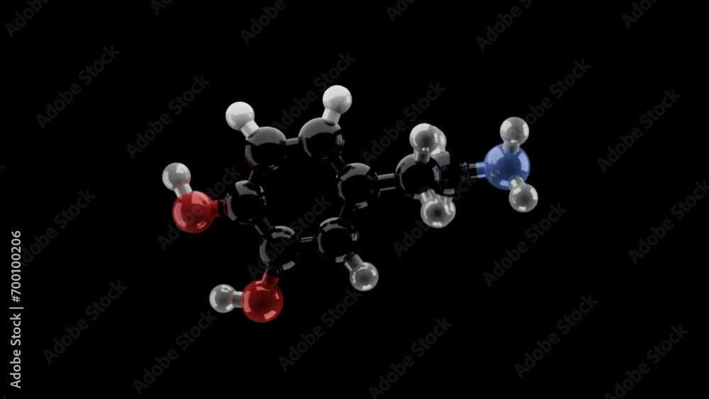 Dopamine Molecule 3D structure spinning black background, Neurotransmitter ADHD attention deficit hyperactivity disorder Dopamine Molecule 3D structure spinning black background, Neurotransmitter ADHD attention deficit hyperactivity disorder