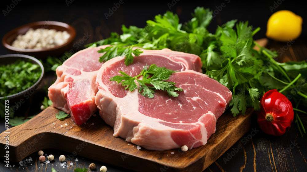 Fresh raw pork chops with a parsley and chili