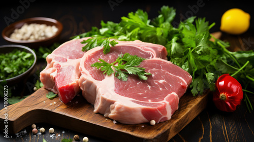 Fresh raw pork chops with a parsley and chili