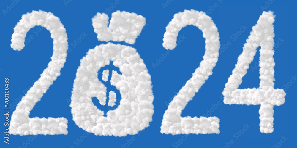 New Year2024. Clouds in shape of the letter 2024. Zero in the form of a bag of money. New Year2024. Clouds in shape of the letter 2024. Zero in the form of a bag of money.