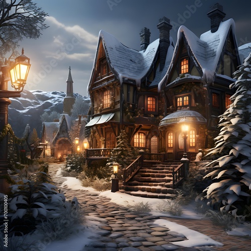 Winter village at night with wooden houses and lanterns, 3d render