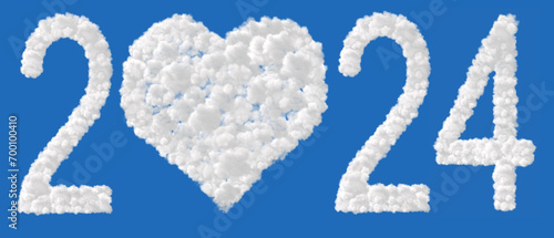 New Year2024. Clouds in shape of the letter 2024. Zero in the form of a heart.