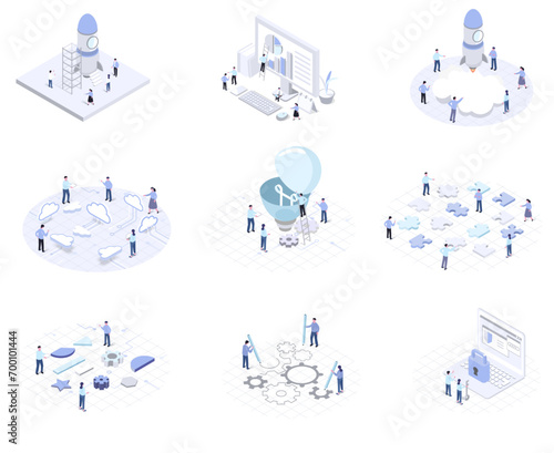 isometric illustration set of business people and cloud network and gear and rocket